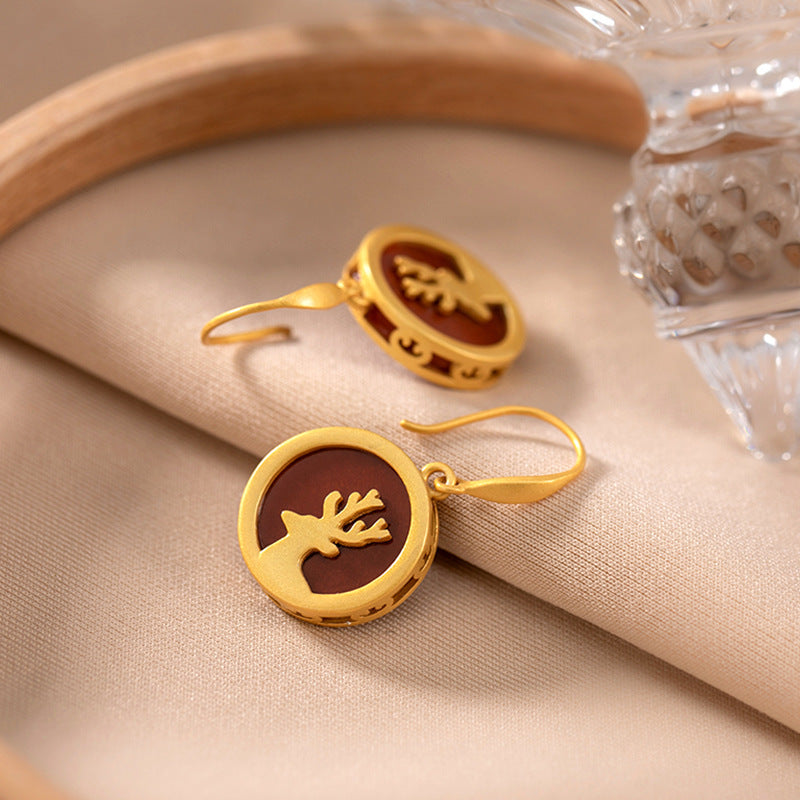S925 Silver Vintage Gold-Plated Red Agate Deer Earrings