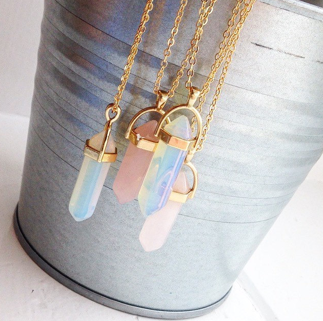 Crystal Hexagonal Pendant Necklace with Natural Stones
