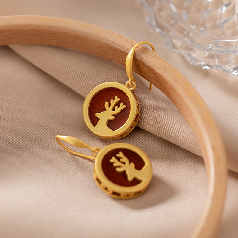 S925 Silver Vintage Gold-Plated Red Agate Deer Earrings
