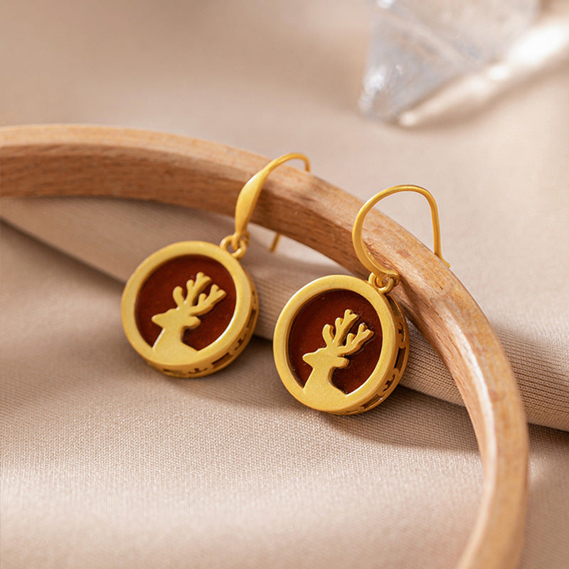 S925 Silver Vintage Gold-Plated Red Agate Deer Earrings