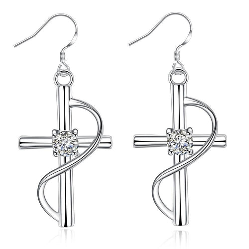 Cross Earrings with Diamonds, Long Drop Earrings
