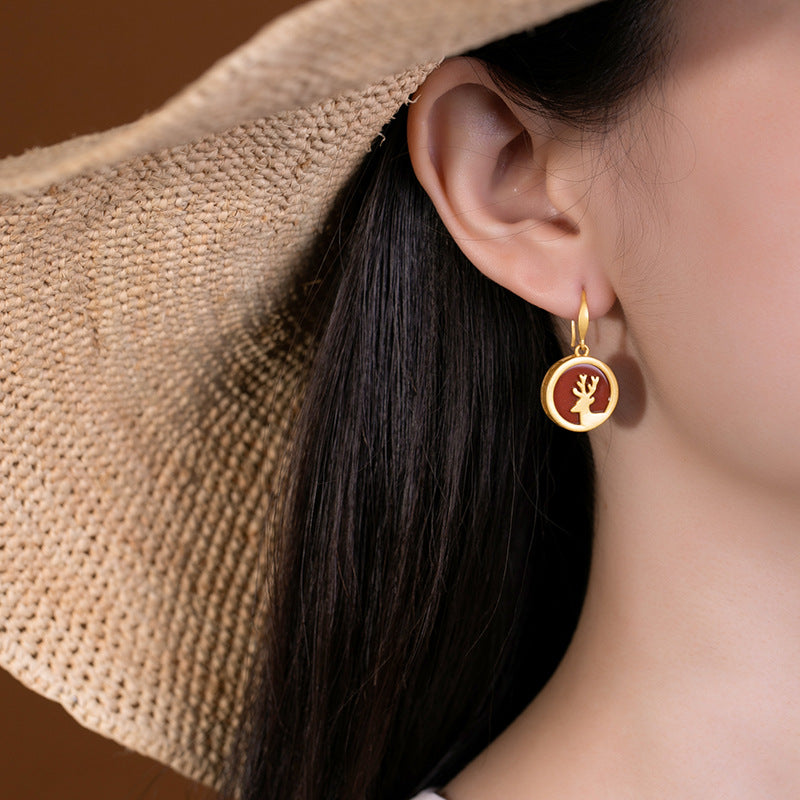 S925 Silver Vintage Gold-Plated Red Agate Deer Earrings