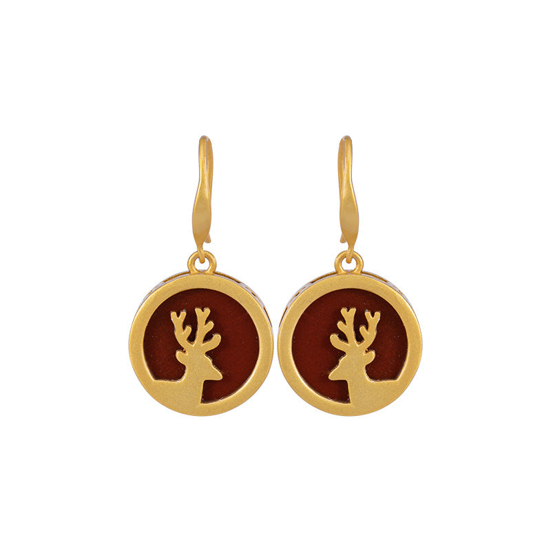 S925 Silver Vintage Gold-Plated Red Agate Deer Earrings